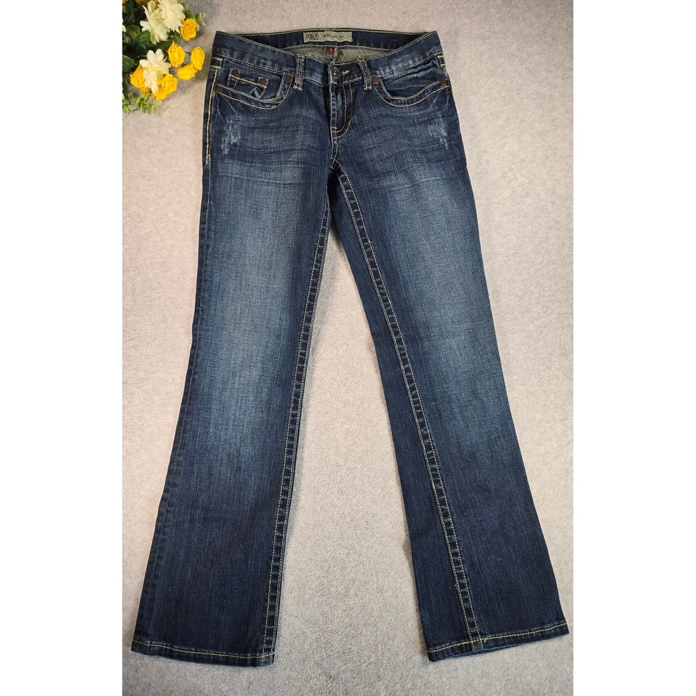 BKE Stella Bootcut Jeans Womens 27 Blue Dark Wash Stretch Low Rise Distressed - Picture 2 of 13